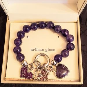 Artisan Glass Bracelet Elephant Heart Dark Purple Silvertone EUC